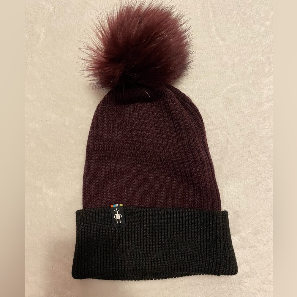 Smartwool maroon and black beanie with pom-pom